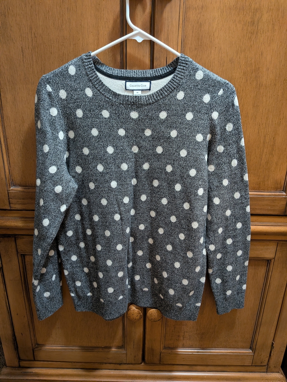 Charter Club Gray Crewneck Sweater with Cream Polka Dots